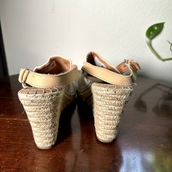TOMS Women's Wedge Sandals 8.5 Natural Canvas Espadrille Peep Toe Heels Beige - Picture 4 of 11